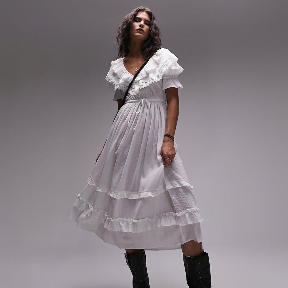 Topshop yoke broderie midi dress in ivory